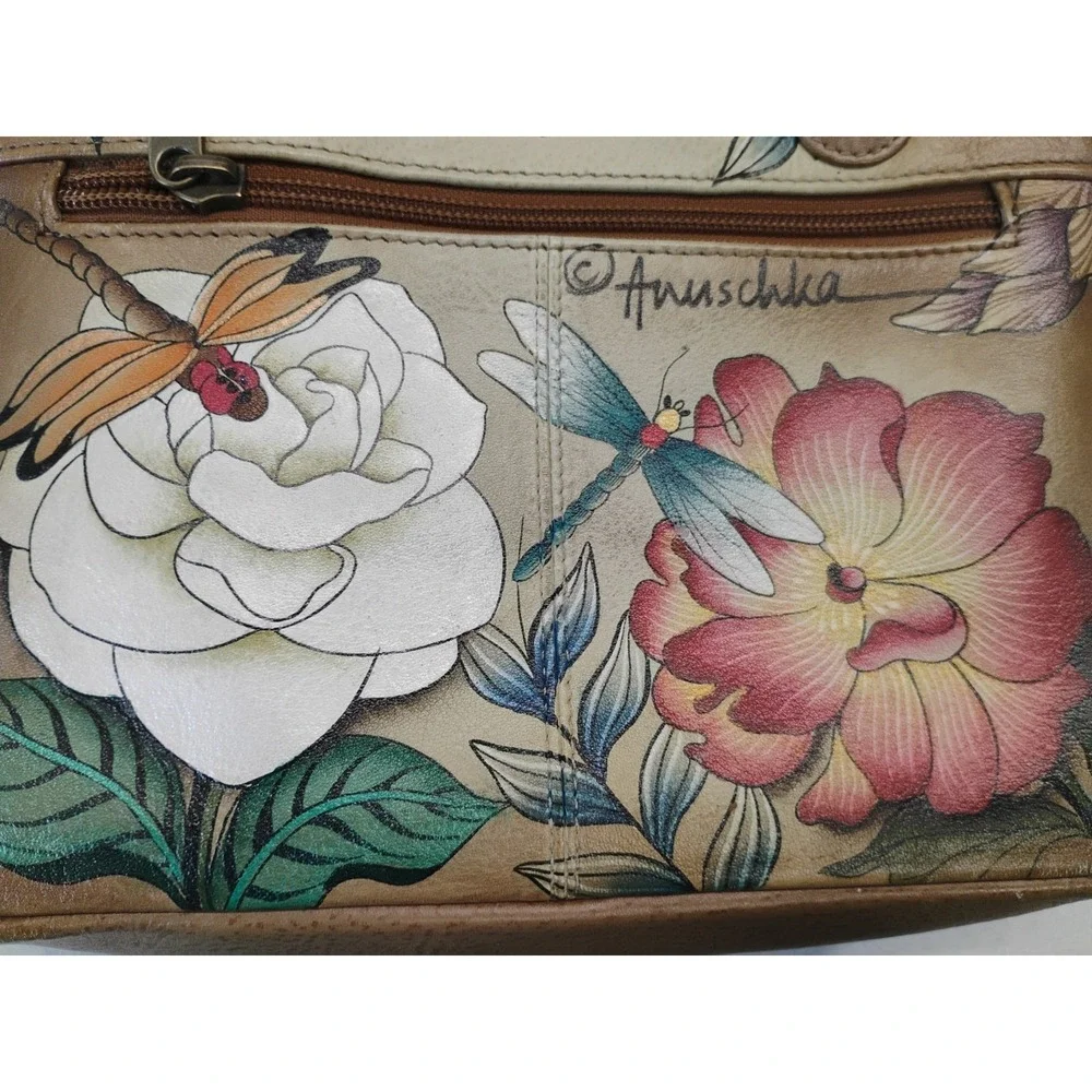 ANUSCHKA Leather Shoulder Bag Hand Painted Colorful Dragonfly & Floral Design‎